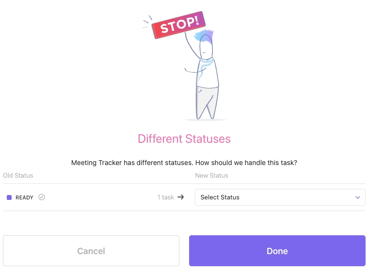 The modal that displays when you must select a new status for a task you're moving